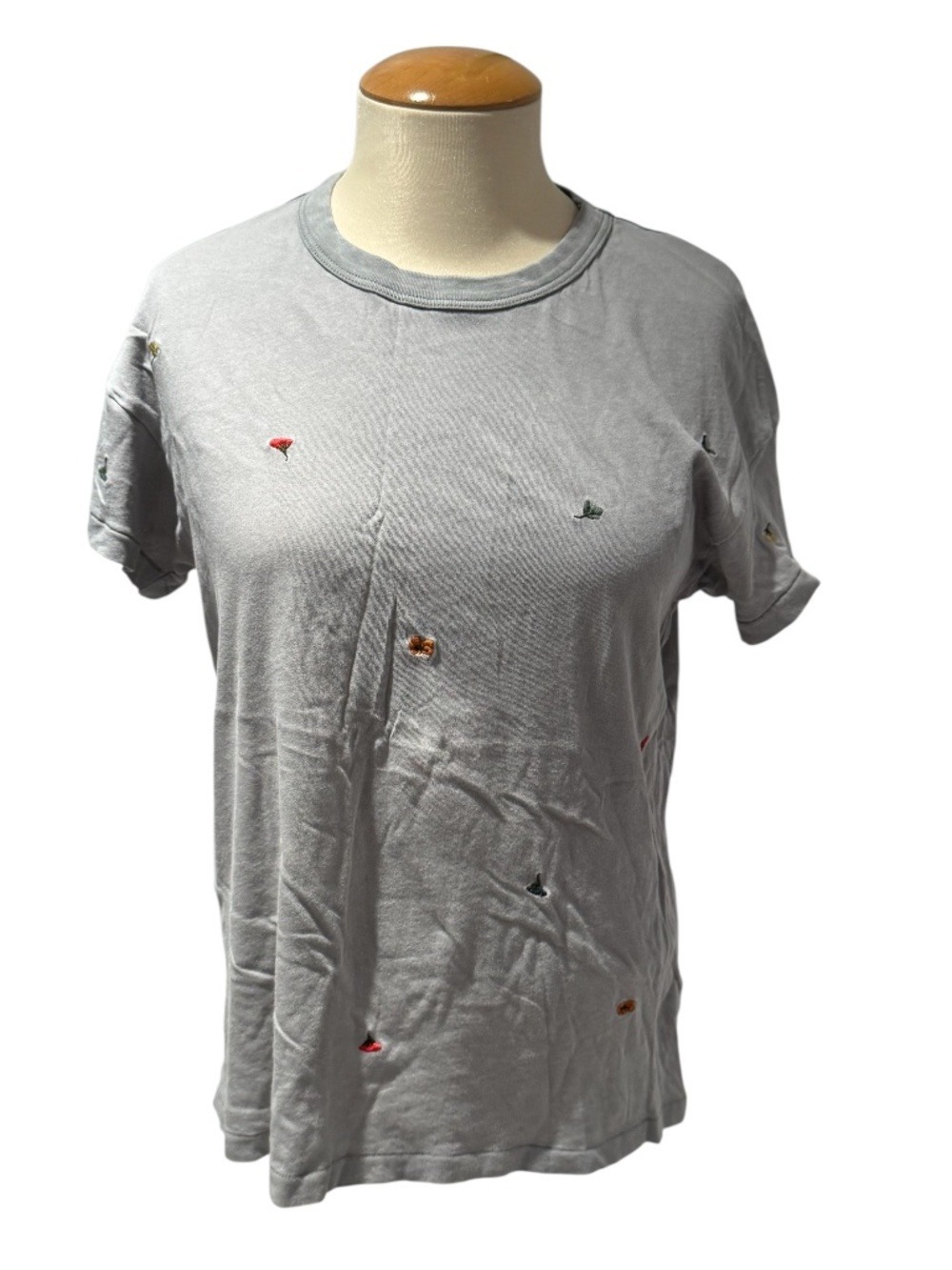 THE GREAT. Grey t-shirt with embroidered floral pattern - size 0 (xs)